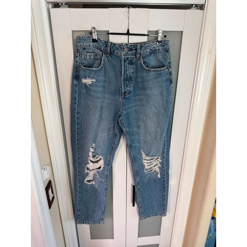 Distressed Mom Jeans US 8 Medium Wash Ripped Denim Button Fly